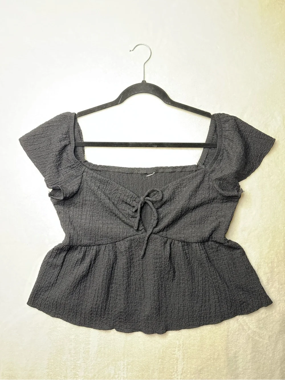 H&M - Black Smocked Peplum Square-Neck Crop Top